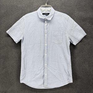 19 Ninety One Shirt Mens Medium Blue stripe Button Up Short Sleeve Collared
